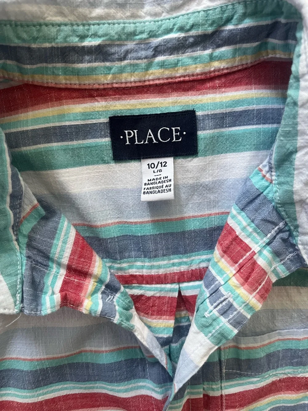 The Childrens Place Boys Short Sleeve Striped Button Down Shirt 10/12 Cotton L